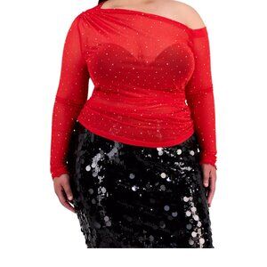 Bar III Trendy Plus Embellished Off-Shoulder Mesh Red Top 1X NWT